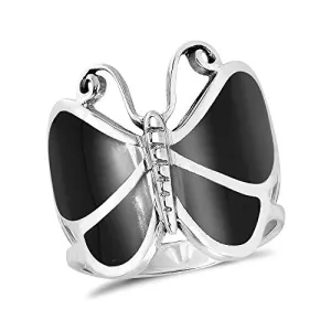 AeraVida Big Simulated Black Onyx Butterfly .925 Sterling Silver Ring (8)