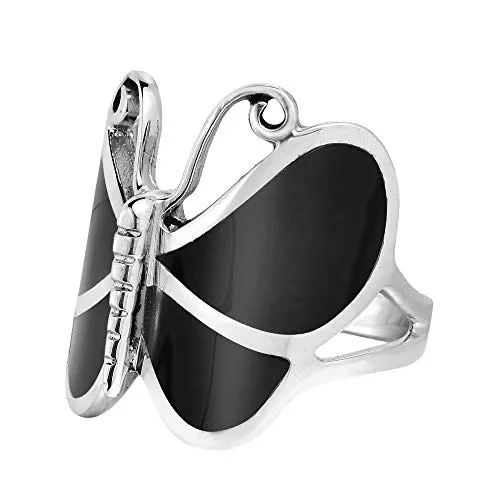 AeraVida Big Simulated Black Onyx Butterfly .925 Sterling Silver Ring (8)