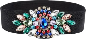 AHANDMAKER Rhinestone Stretch Belt Polyester Elastic Belt Crystal Flower Elastic Belts Rhinestone Flower Waist Belt for Dress Waist Jewelry Accessories for Women