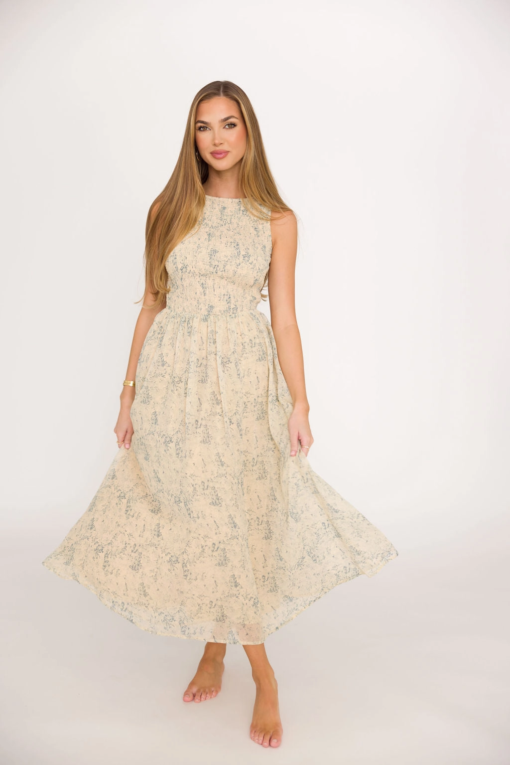 Alaina Floral Print Smocked Midi Dress in Blue Multi * Final-Sale *