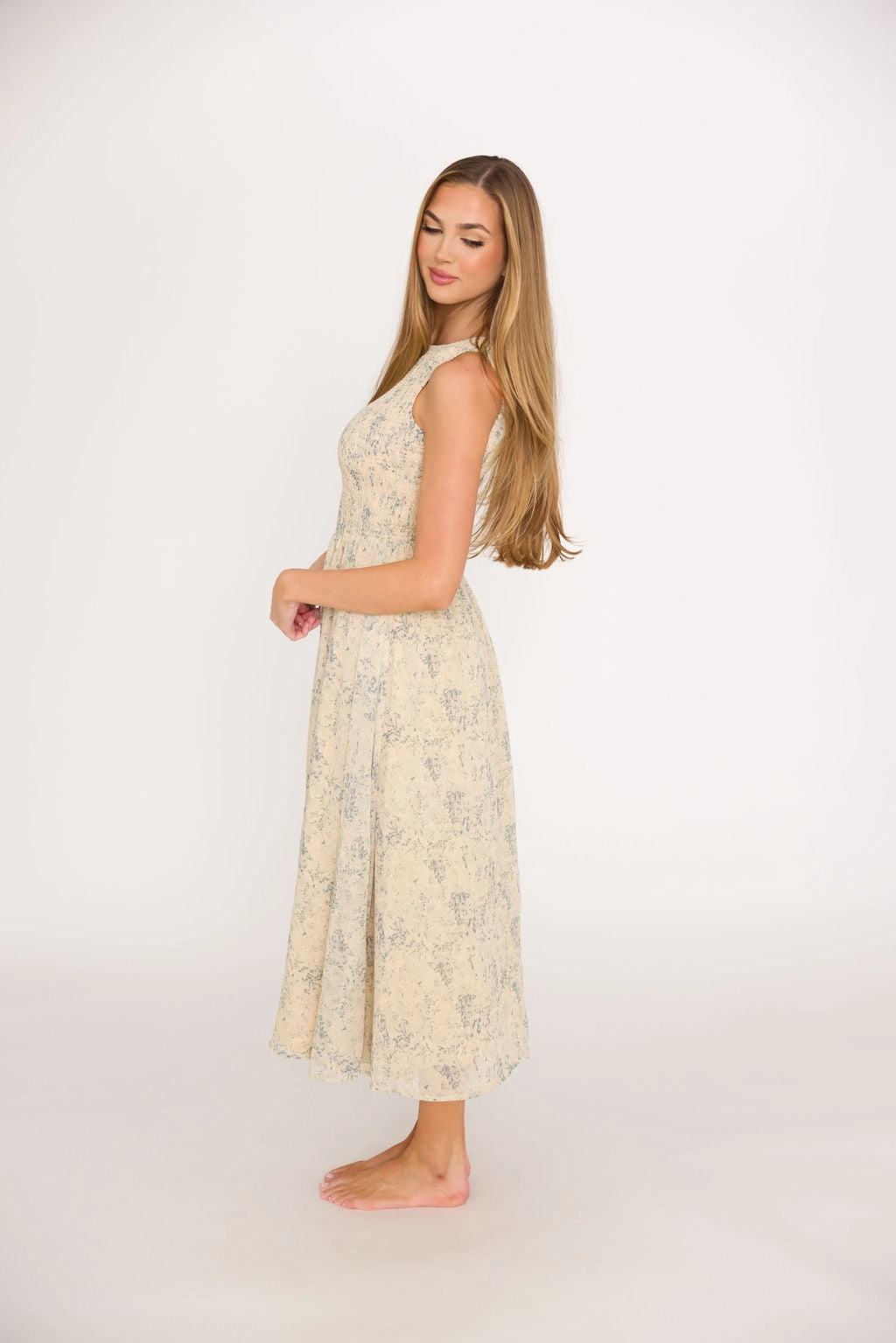 Alaina Floral Print Smocked Midi Dress in Blue Multi * Final-Sale *