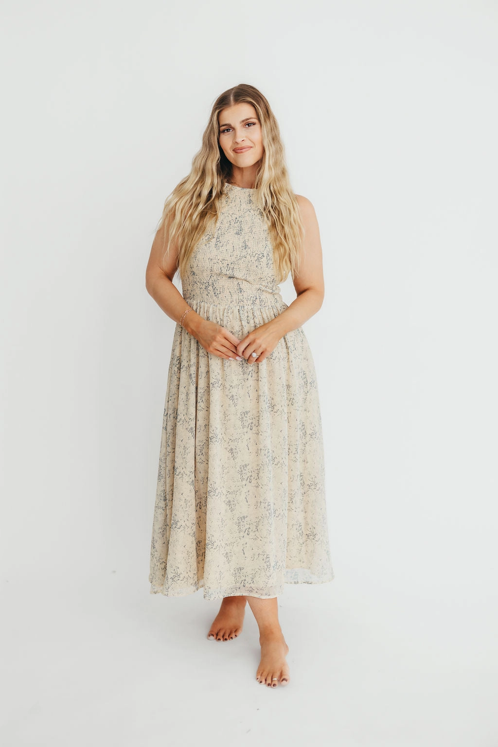 Alaina Floral Print Smocked Midi Dress in Blue Multi * Final-Sale *