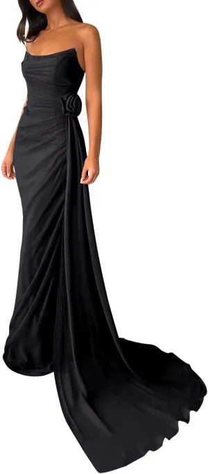 ALFEICE Strapless Chiffon Prom Dress with Side Train Sleeveless Long Homecoming Dress Sexy Bodycon Formal Evening Party Gown