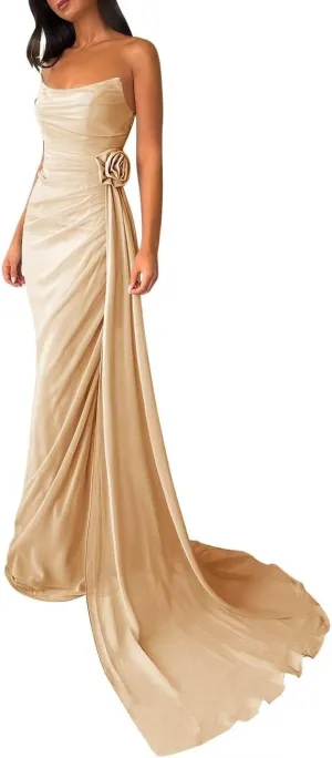 ALFEICE Strapless Chiffon Prom Dress with Side Train Sleeveless Long Homecoming Dress Sexy Bodycon Formal Evening Party Gown