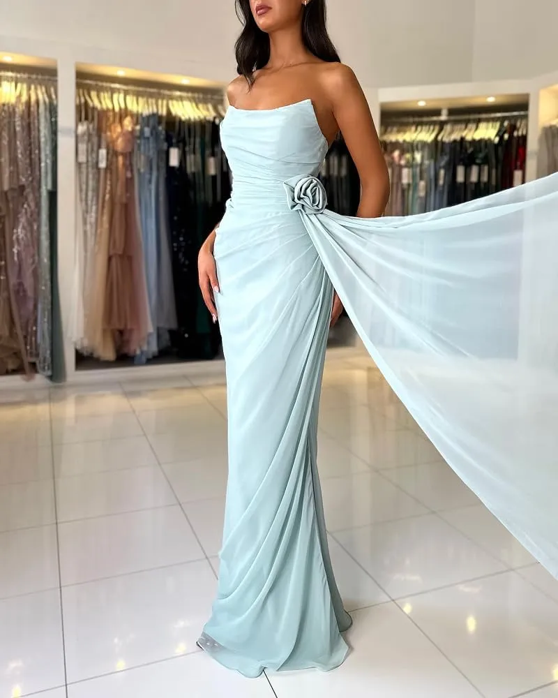 ALFEICE Strapless Chiffon Prom Dress with Side Train Sleeveless Long Homecoming Dress Sexy Bodycon Formal Evening Party Gown