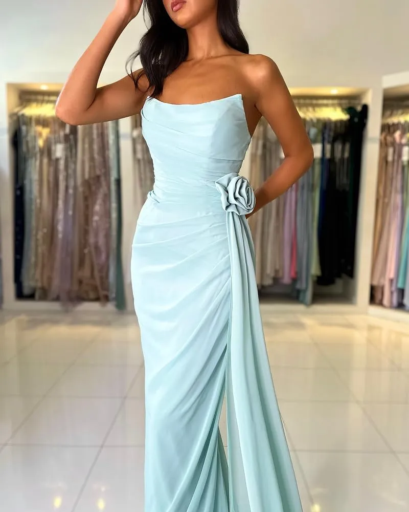 ALFEICE Strapless Chiffon Prom Dress with Side Train Sleeveless Long Homecoming Dress Sexy Bodycon Formal Evening Party Gown