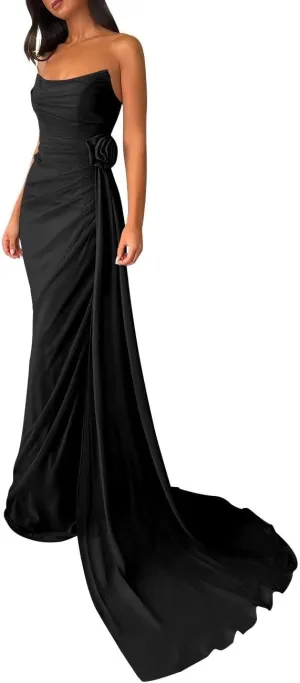ALFEICE Strapless Chiffon Prom Dress with Side Train Sleeveless Long Homecoming Dress Sexy Bodycon Formal Evening Party Gown