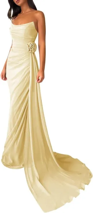 ALFEICE Strapless Chiffon Prom Dress with Side Train Sleeveless Long Homecoming Dress Sexy Bodycon Formal Evening Party Gown