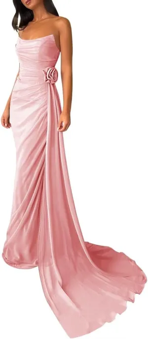 ALFEICE Strapless Chiffon Prom Dress with Side Train Sleeveless Long Homecoming Dress Sexy Bodycon Formal Evening Party Gown