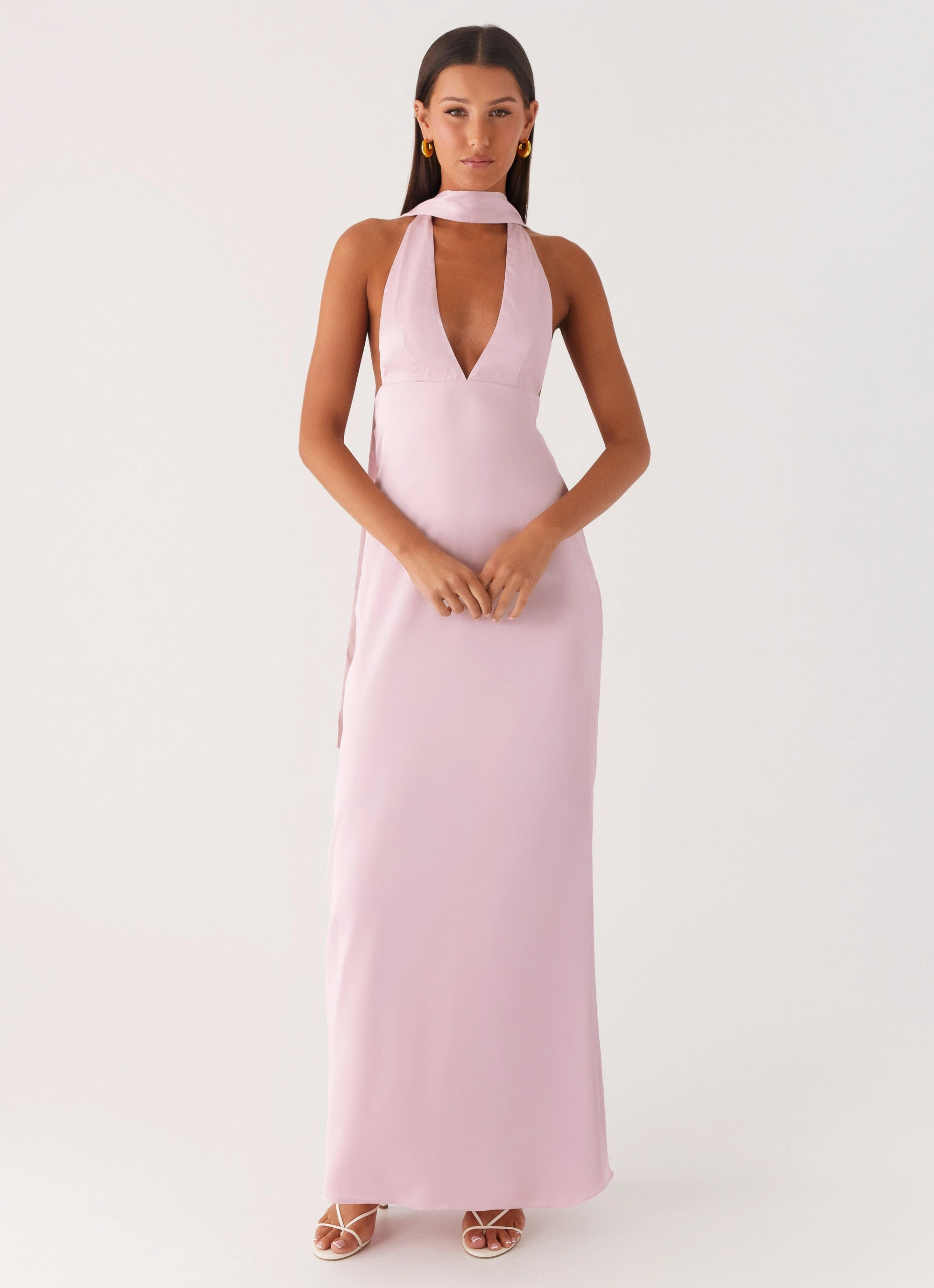 Alicia Satin Halter Maxi Dress - Baby Pink