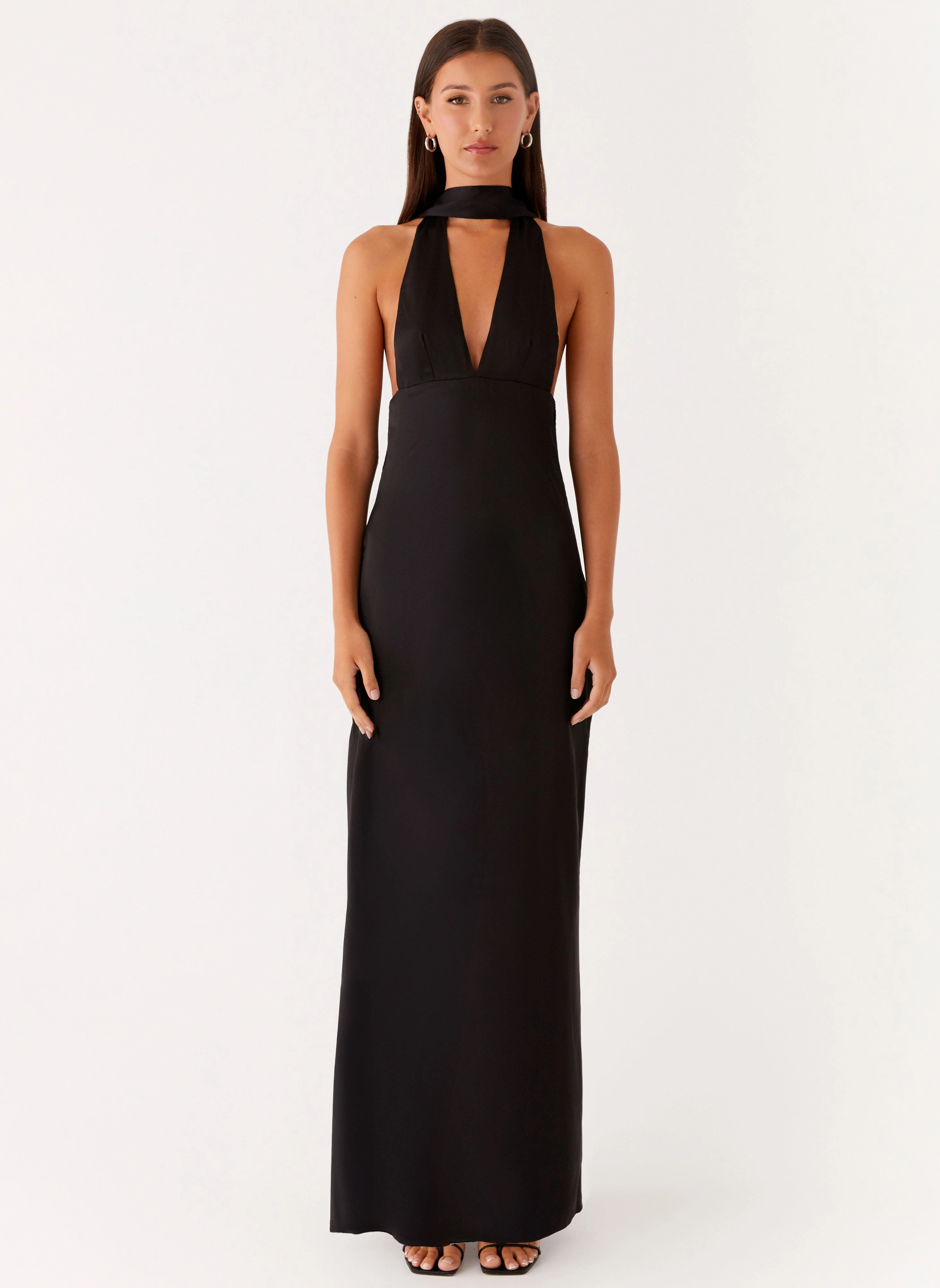 Alicia Satin Halter Maxi Dress - Black