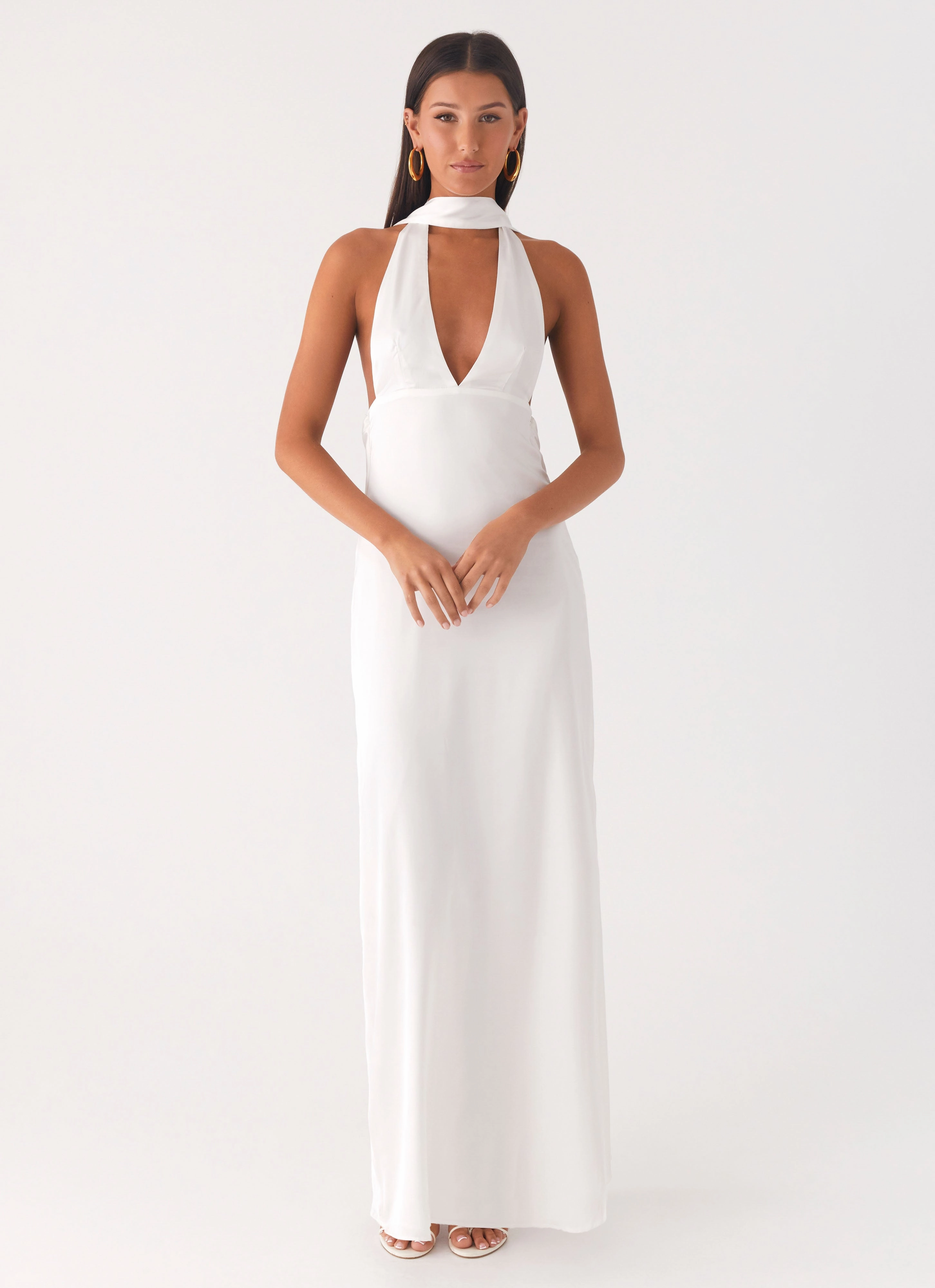 Alicia Satin Halter Maxi Dress - White