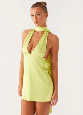 Alicia Satin Halter Mini Dress - Sunny Lime Alicia Satin Halter Mini Dress - Sunny Lime