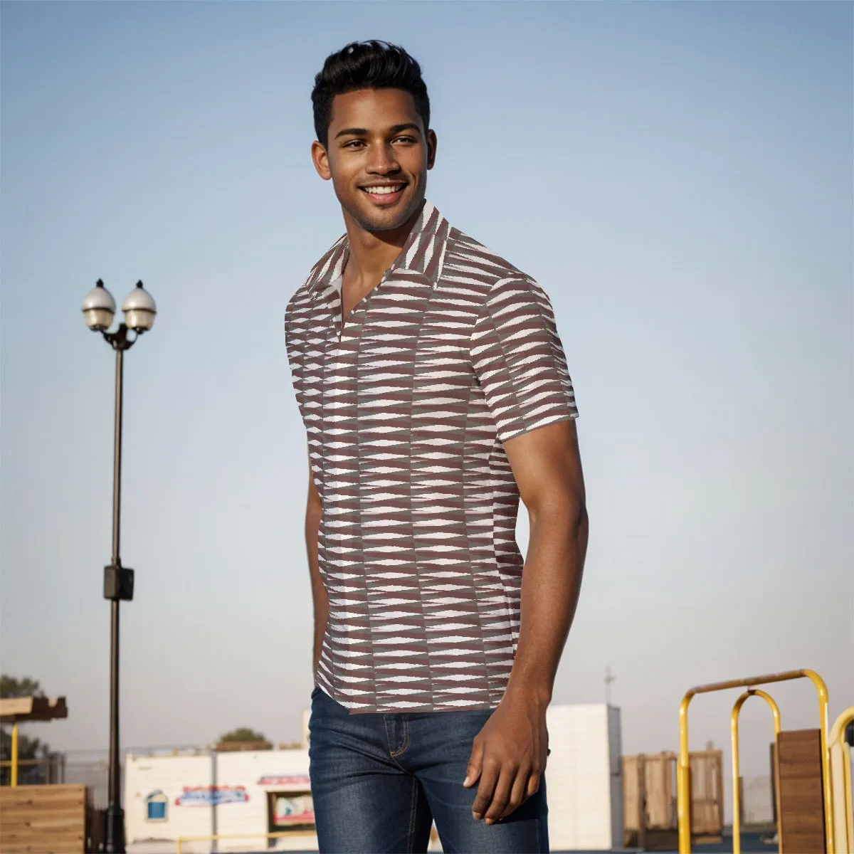 All-Over Print Men's Shirt j3 beige, and white print