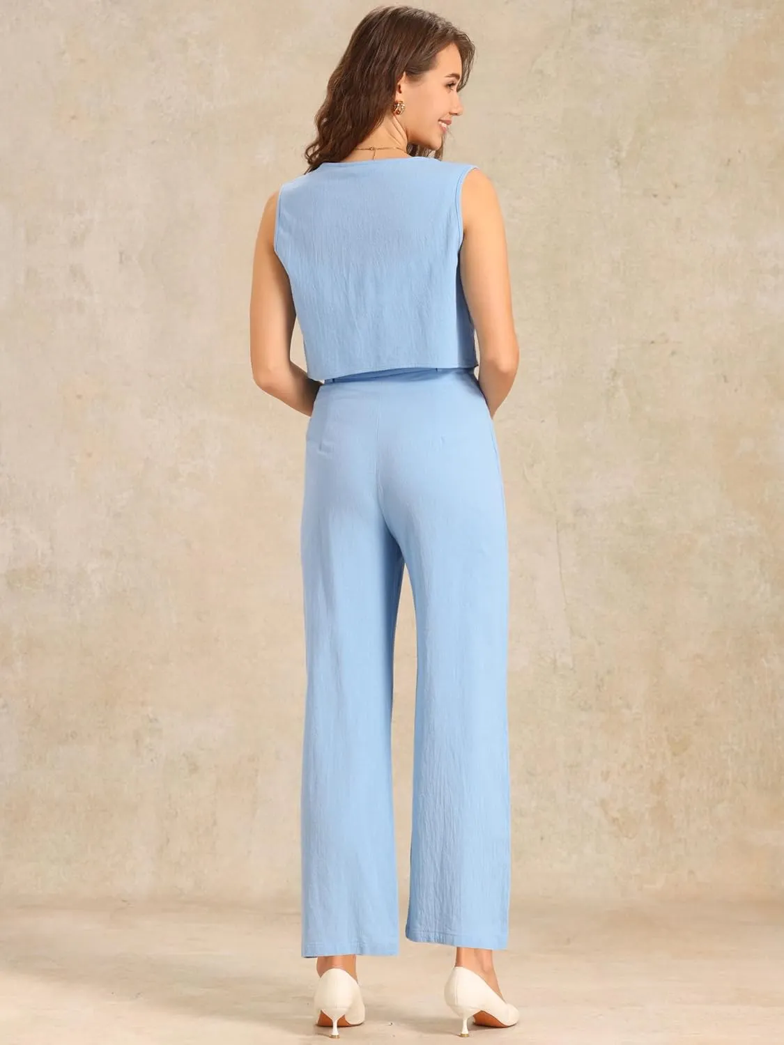Allegra K Summer Two Piece Sets for Women Linen Crop Vest Wide Leg Pant Suits Dressy Casual Outfits