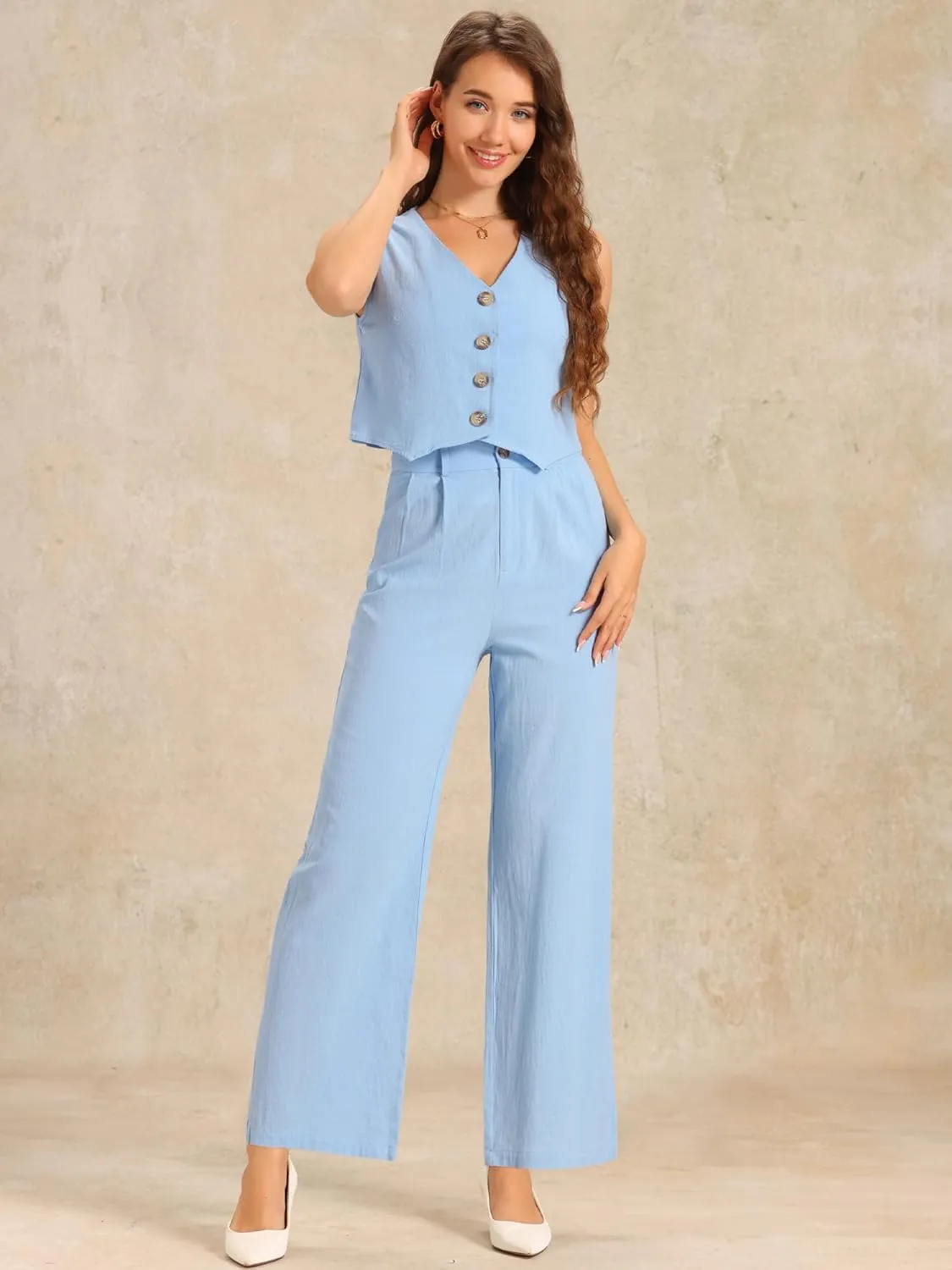 Allegra K Summer Two Piece Sets for Women Linen Crop Vest Wide Leg Pant Suits Dressy Casual Outfits