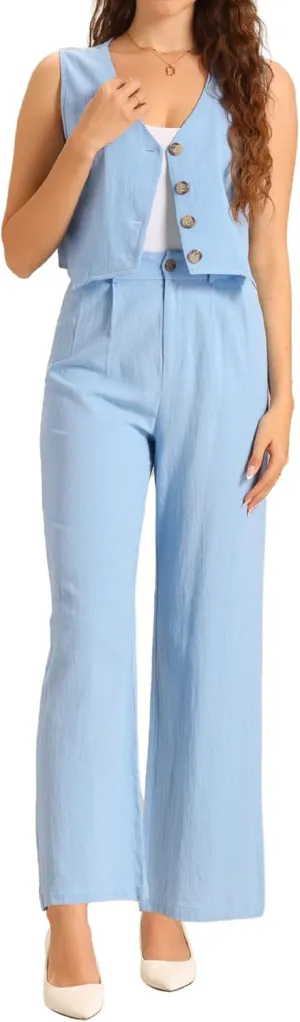 Allegra K Summer Two Piece Sets for Women Linen Crop Vest Wide Leg Pant Suits Dressy Casual Outfits