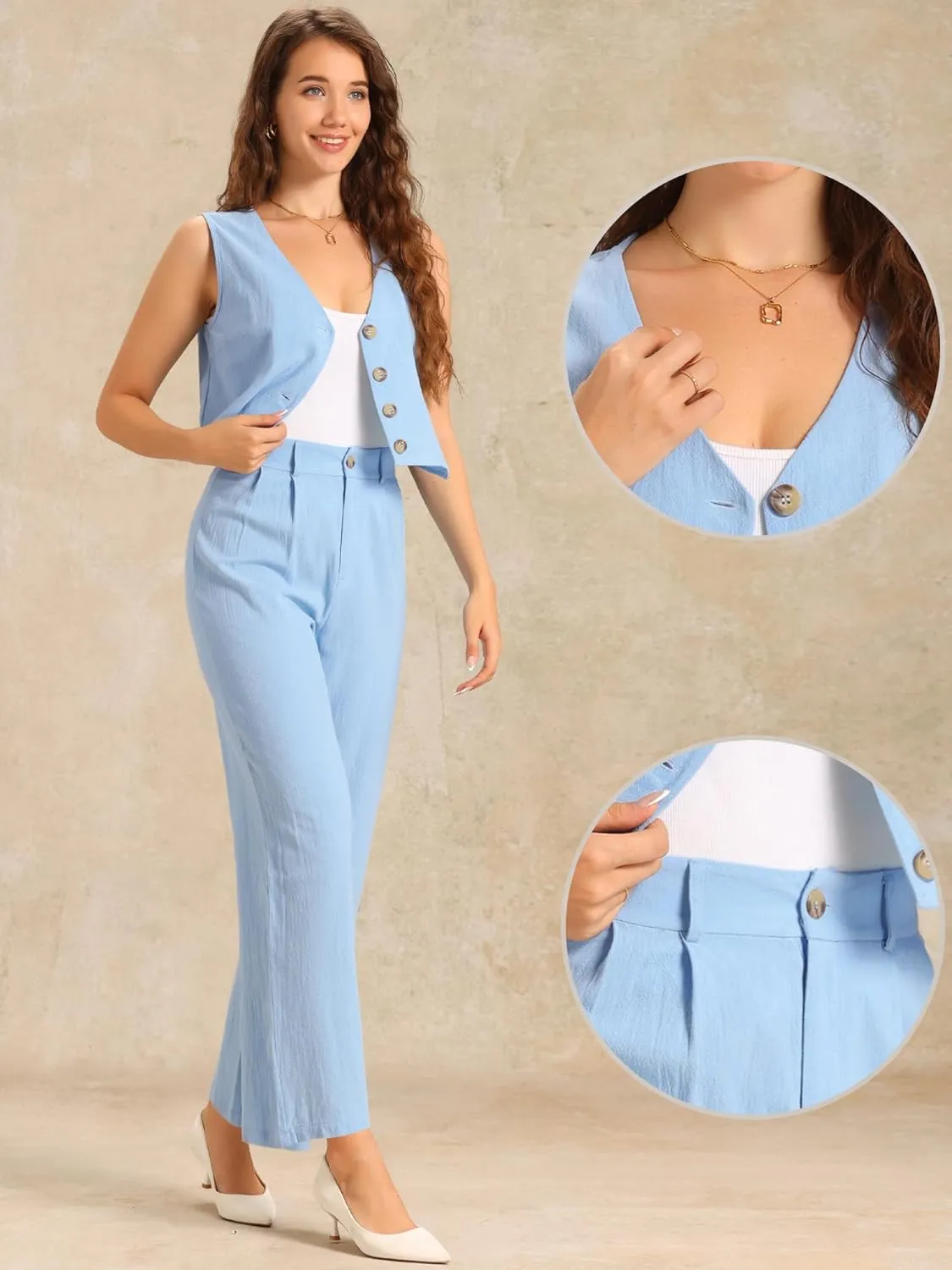 Allegra K Summer Two Piece Sets for Women Linen Crop Vest Wide Leg Pant Suits Dressy Casual Outfits