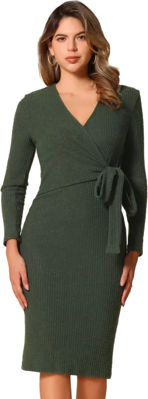 Allegra K Women's 2024 Fall Winter Long Sleeve Tie Waist Bodycon Knit Wrap Sweater Dress