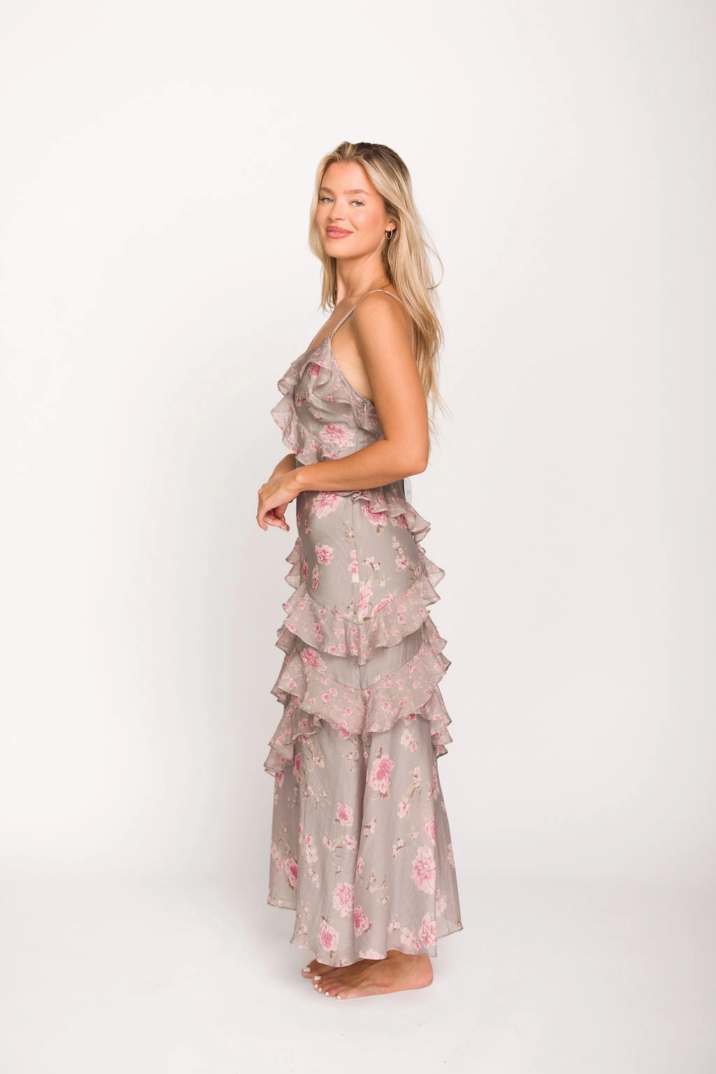 Amelia Ruffle Maxi Dress in Grey/Pink Floral *Final-Sale*