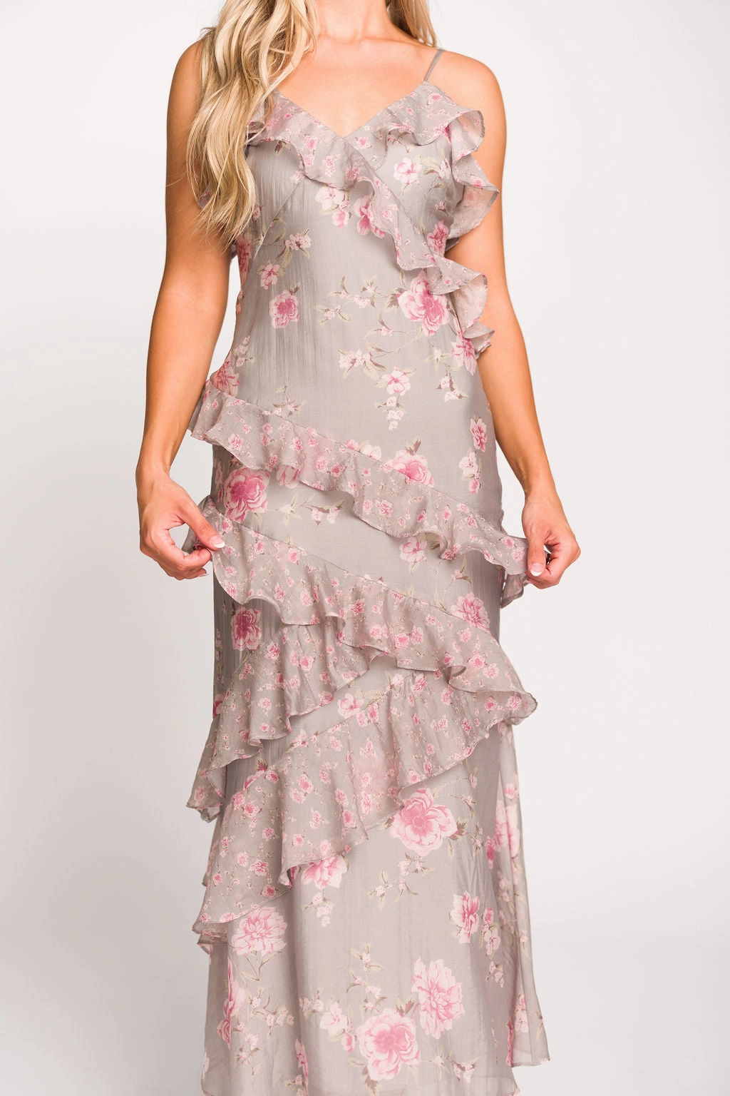 Amelia Ruffle Maxi Dress in Grey/Pink Floral *Final-Sale*