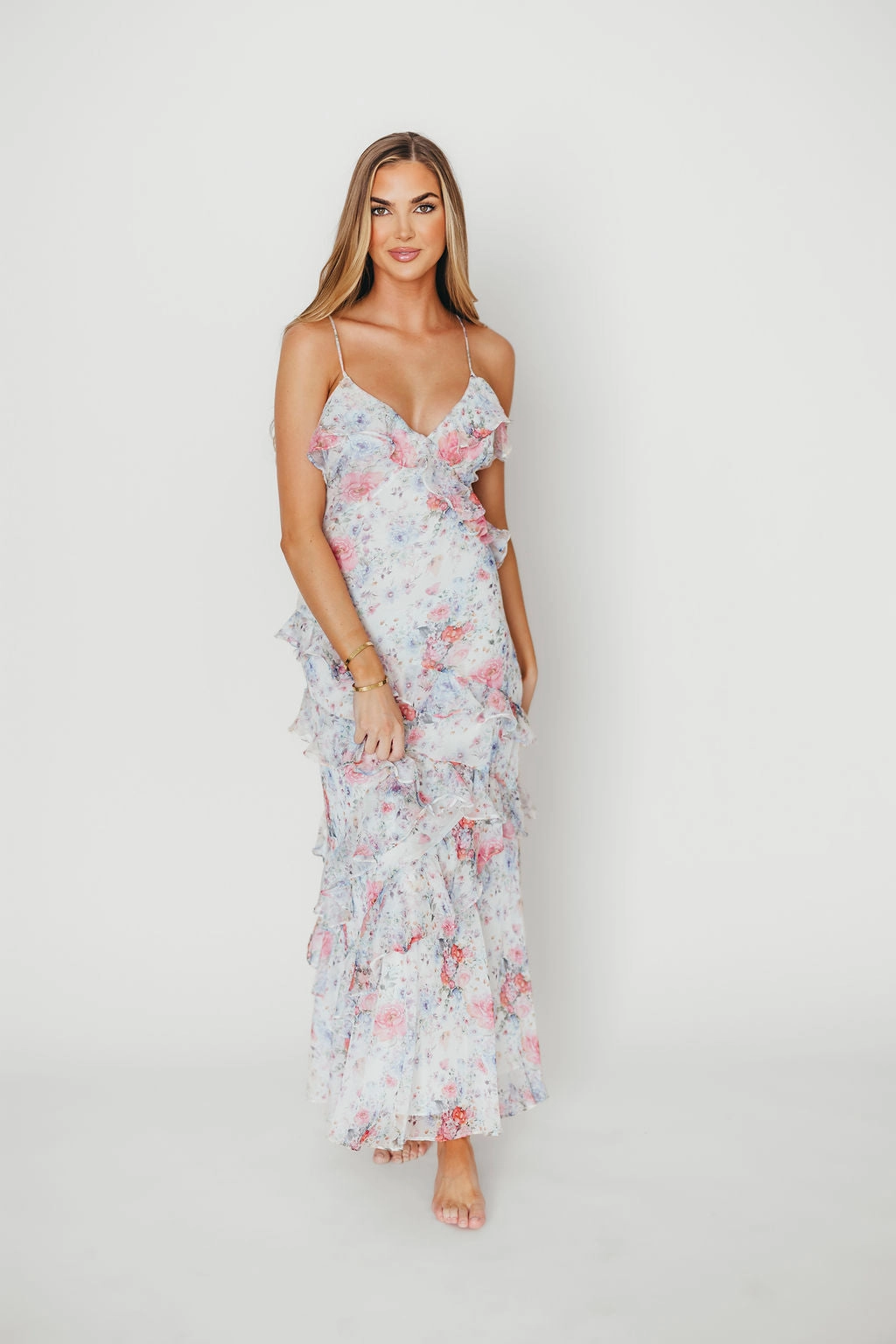 Amelia Ruffle Maxi Dress in White/Multi Floral