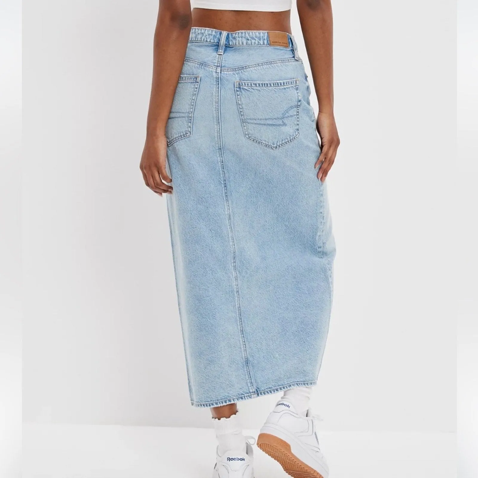 American Eagle Dreamy Drape Low Rise Slit Denim Maxi Skirt (6)