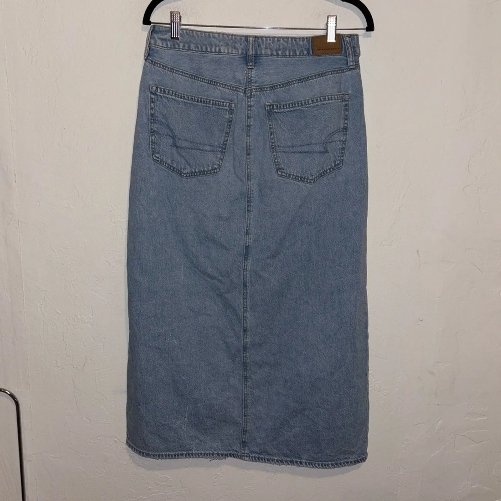 American Eagle Dreamy Drape Low Rise Slit Denim Maxi Skirt (6)