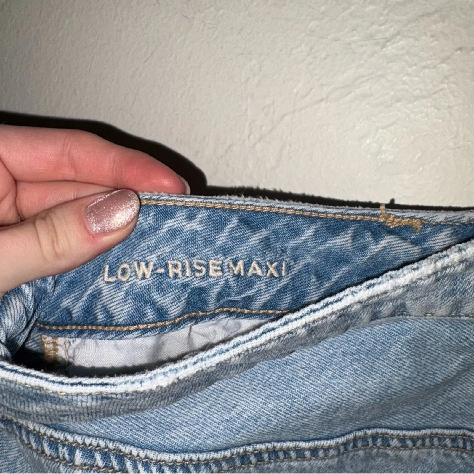 American Eagle Dreamy Drape Low Rise Slit Denim Maxi Skirt (6)