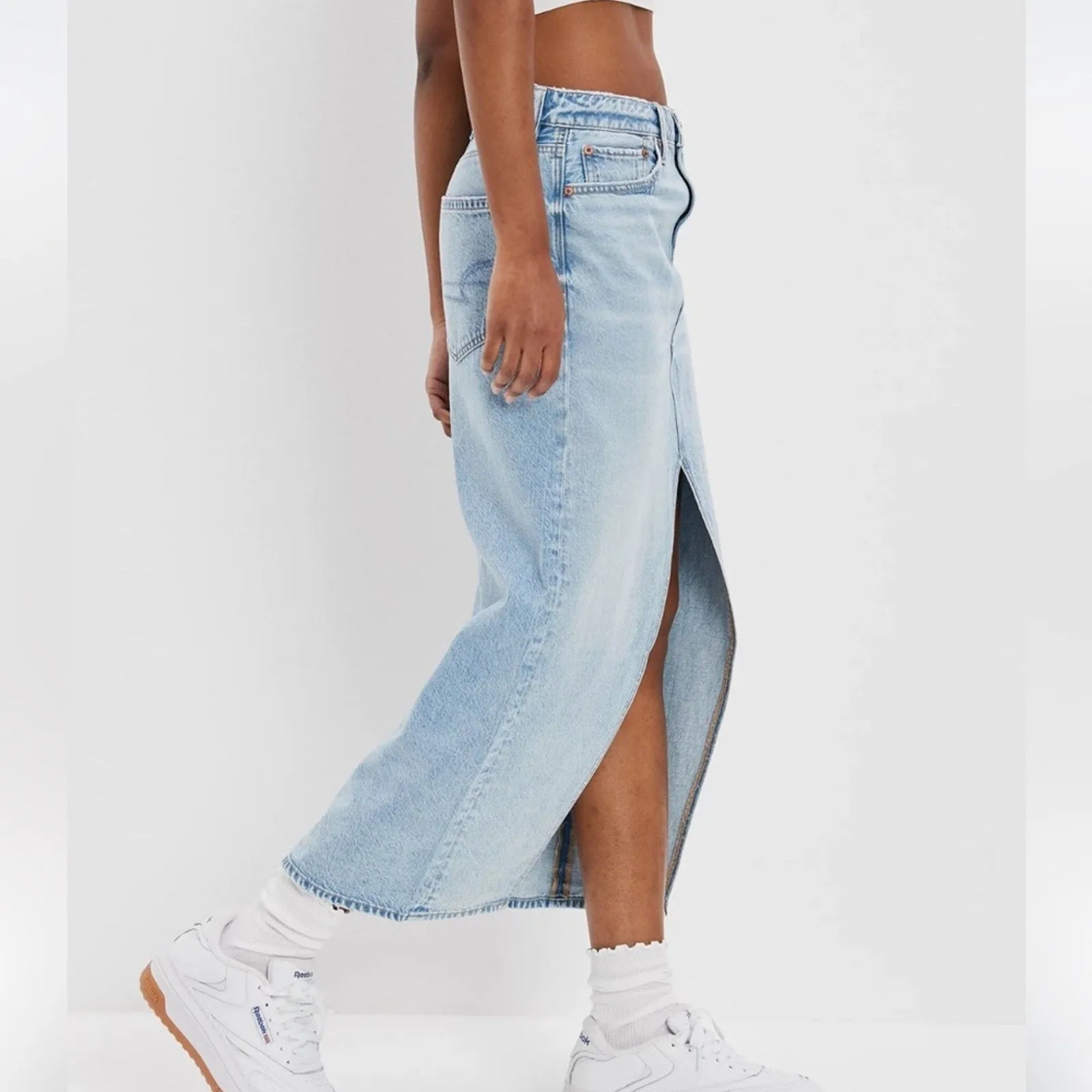 American Eagle Dreamy Drape Low Rise Slit Denim Maxi Skirt (6)