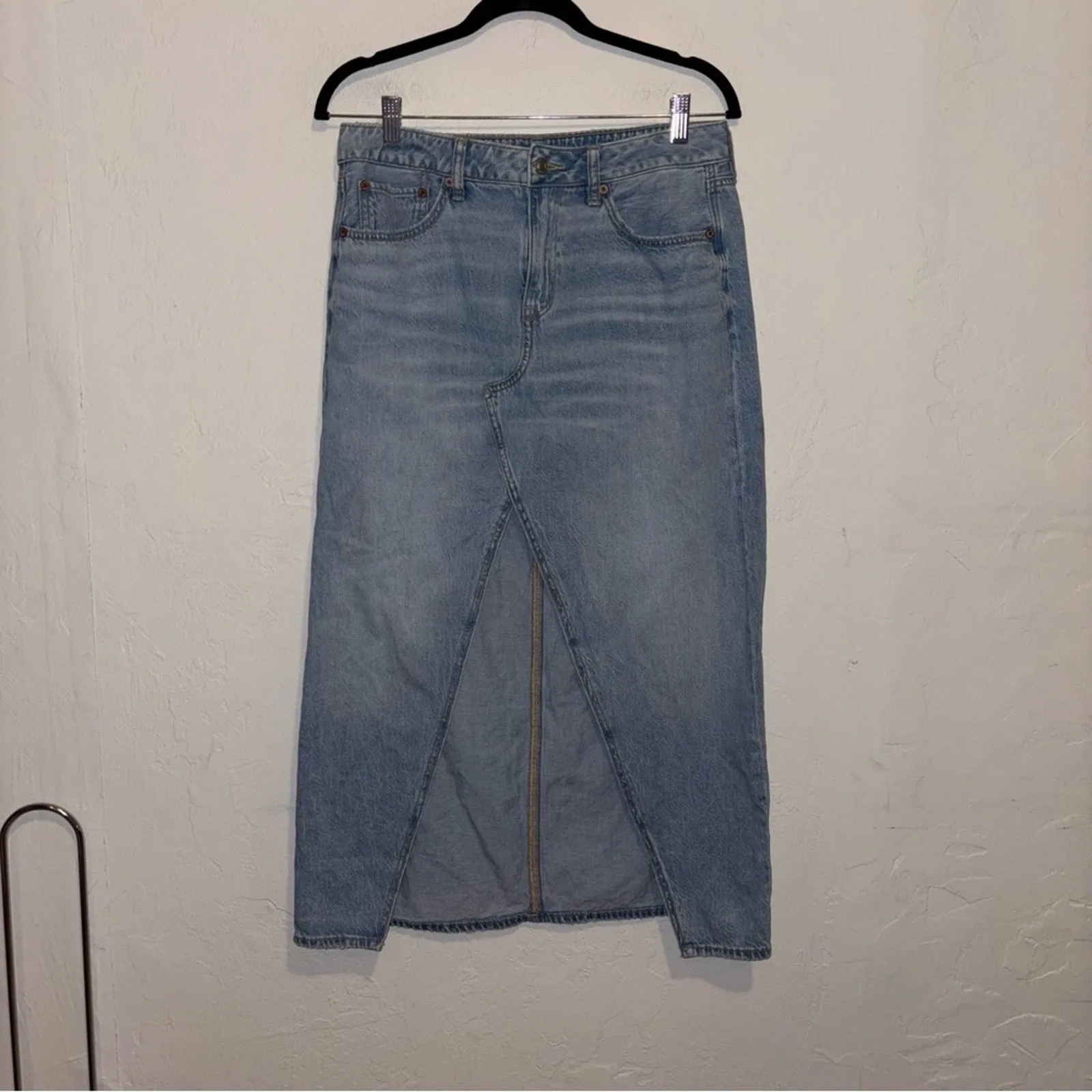 American Eagle Dreamy Drape Low Rise Slit Denim Maxi Skirt (6)