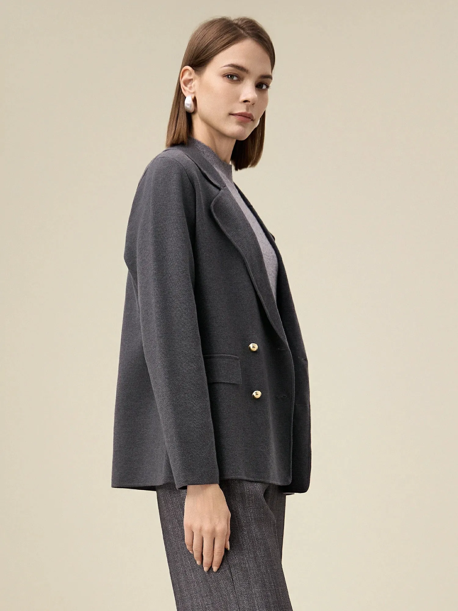 Amoretu Women's Wool Lapel Long Sleeve Knit Stretch Blazer