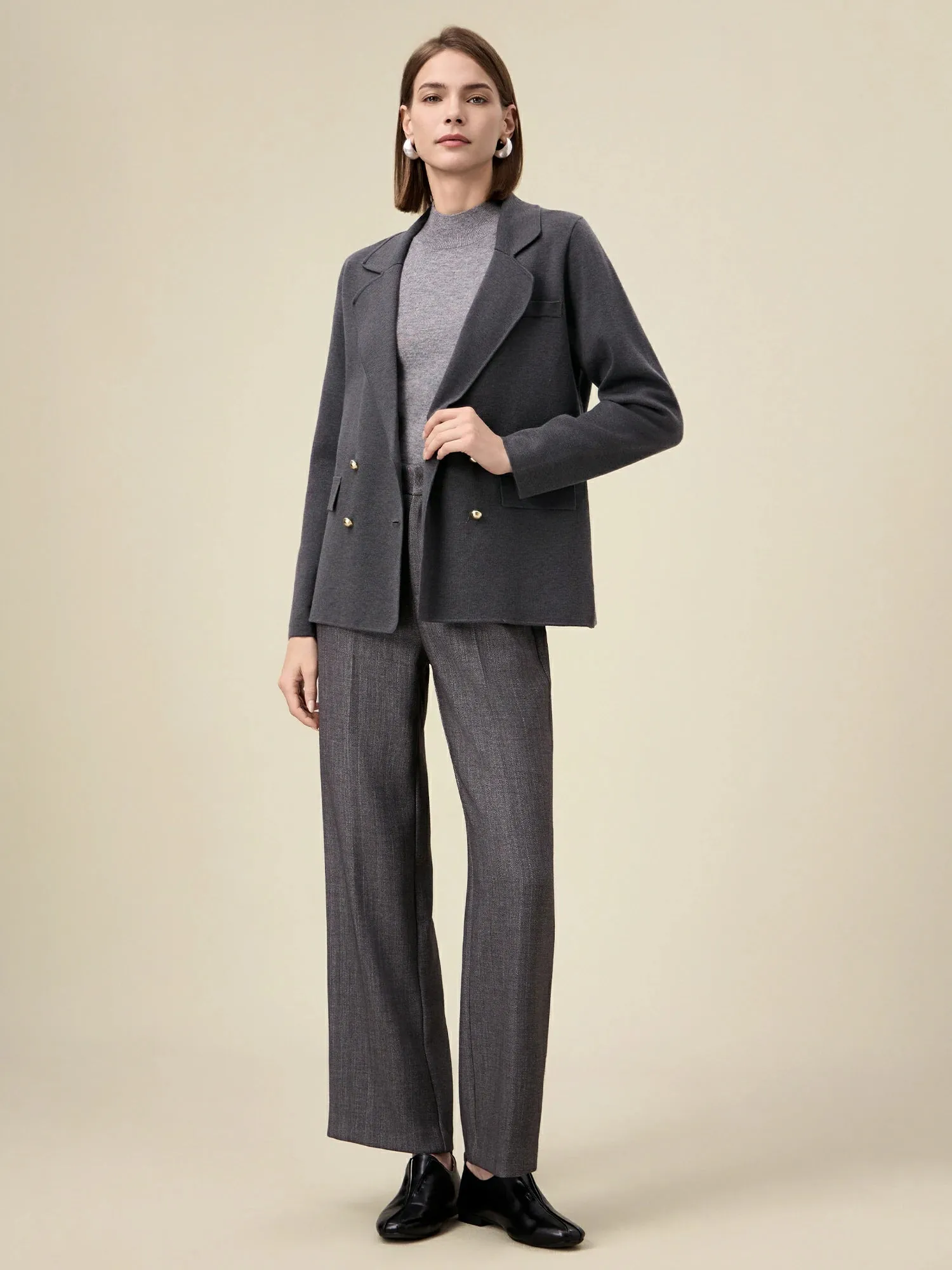 Amoretu Women's Wool Lapel Long Sleeve Knit Stretch Blazer