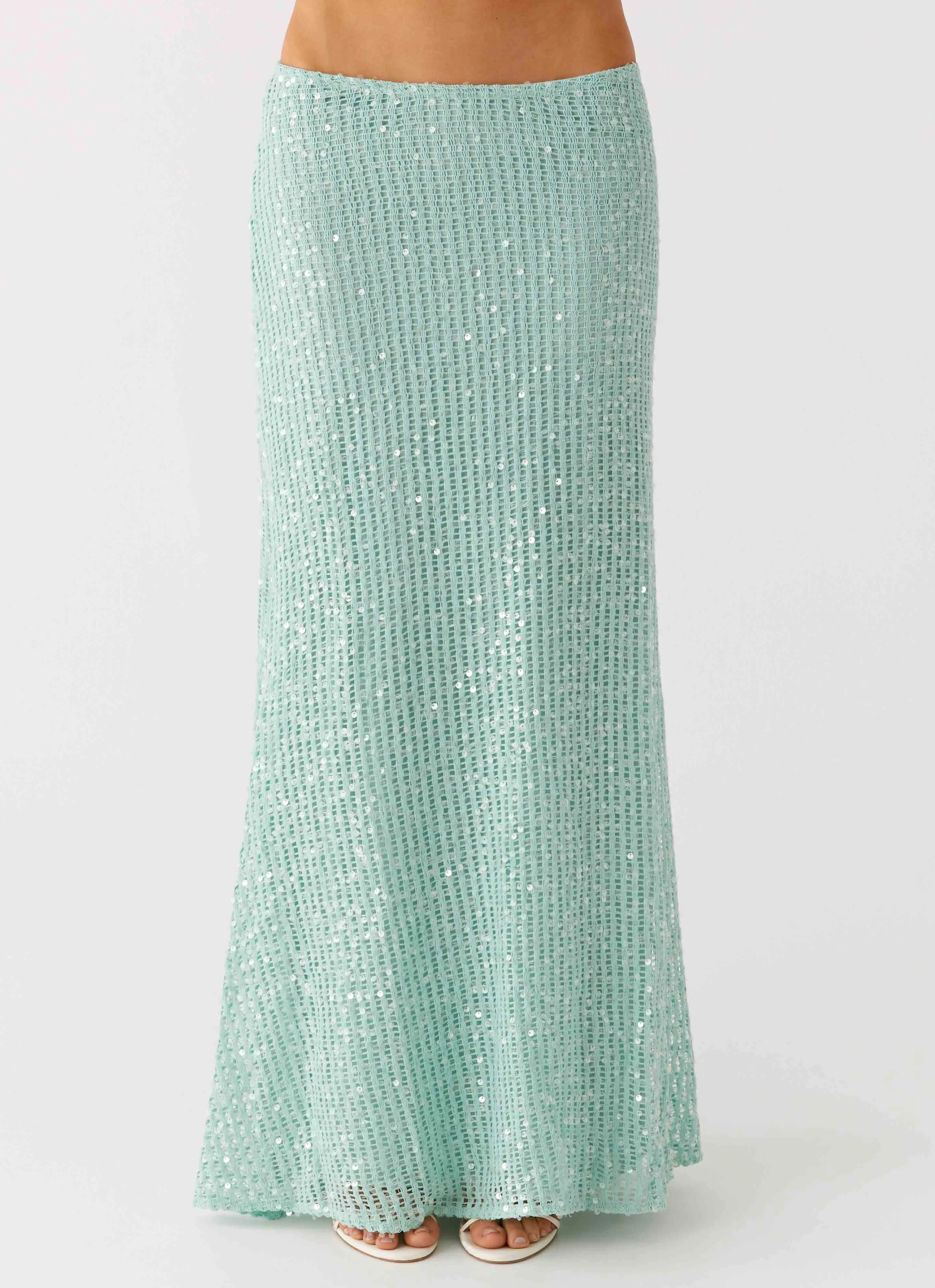 Amoura Sequin Low Rise Maxi Skirt - Mint Sage