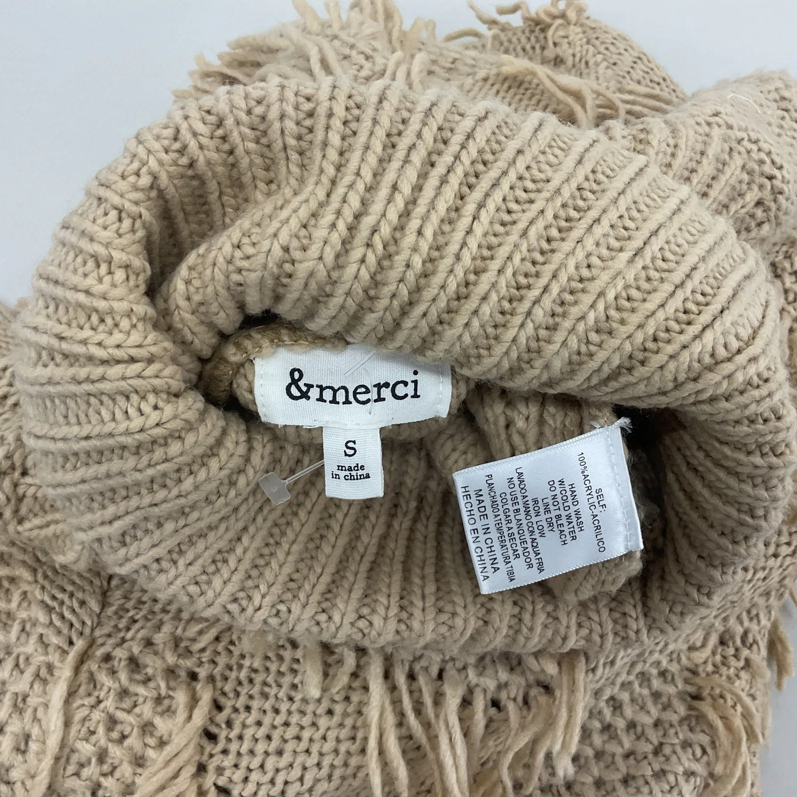 & Merci Beige Knit Fringe Turtleneck Pullover Sweater Acrylic Womens S Preowned
