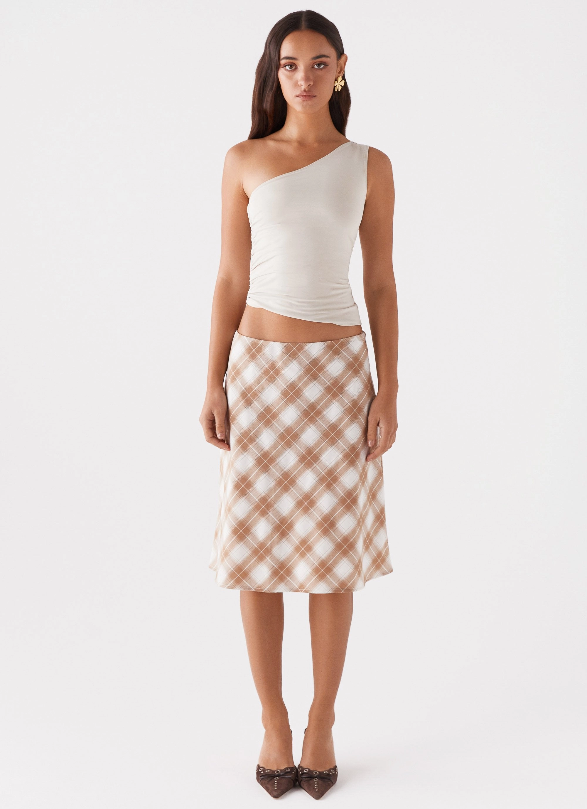 Andie Midi Skirt - Brown/White Plaid