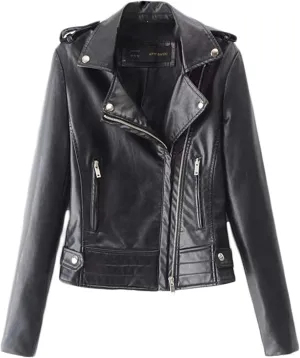 Andongnywell Ladies Motorcycle Leather Jackets Asymmetrical Slim PU Leather Outerwear Coat Moto Biker Jacket