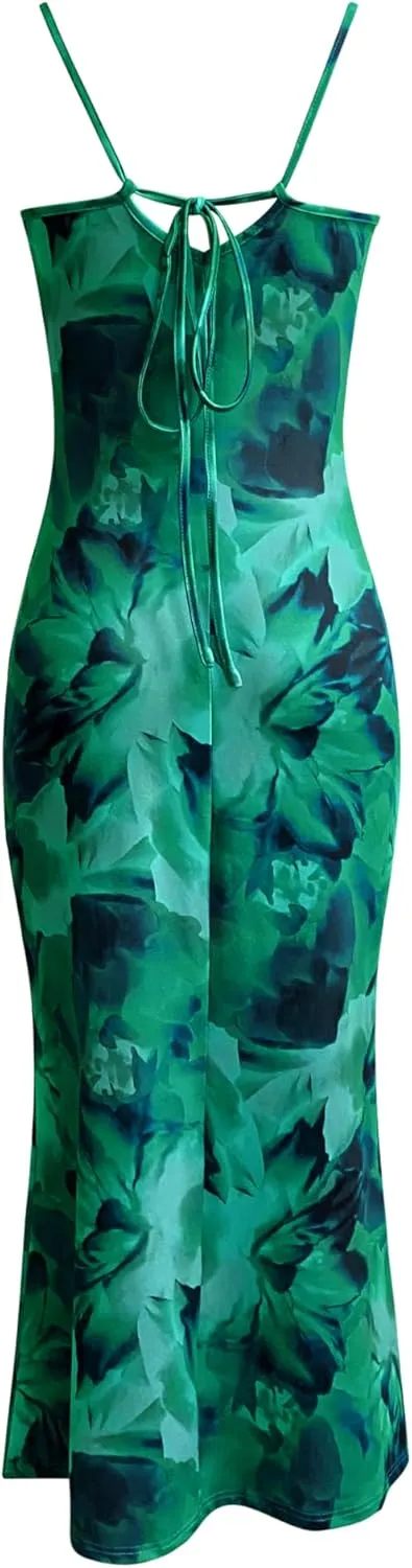Angashion Womens Summer Dresses - Floral Spaghetti Strap Stretch Bodycon Maxi Dress Sexy Backless Slip Long Dresses