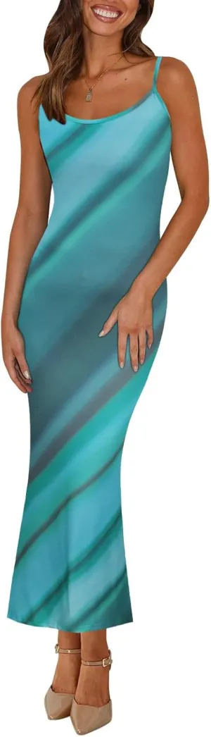 Angashion Womens Summer Dresses - Floral Spaghetti Strap Stretch Bodycon Maxi Dress Sexy Backless Slip Long Dresses