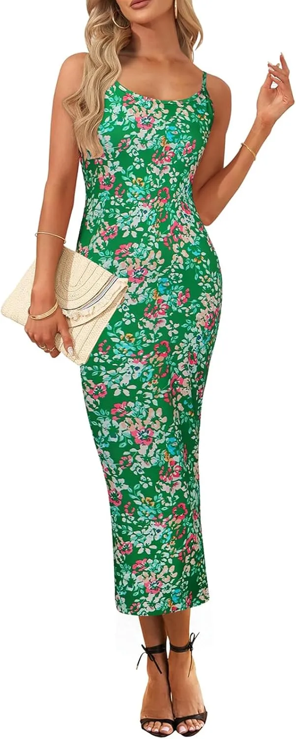 Angashion Womens Summer Dresses - Floral Spaghetti Strap Stretch Bodycon Maxi Dress Sexy Backless Slip Long Dresses