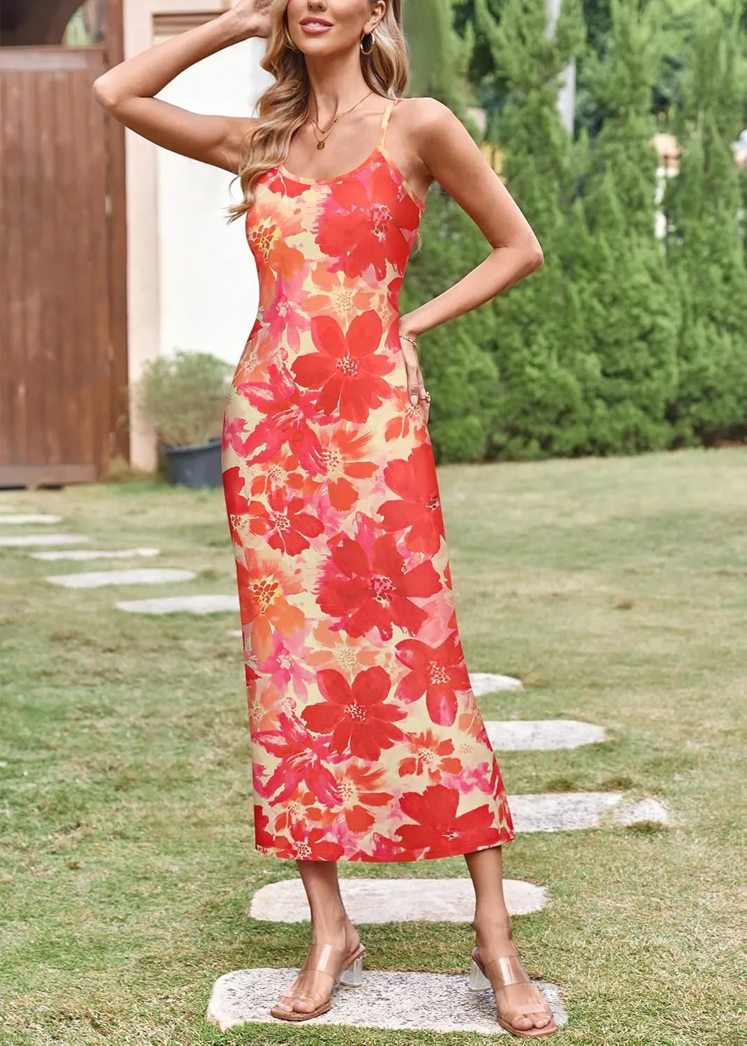 Angashion Womens Summer Dresses - Floral Spaghetti Strap Stretch Bodycon Maxi Dress Sexy Backless Slip Long Dresses