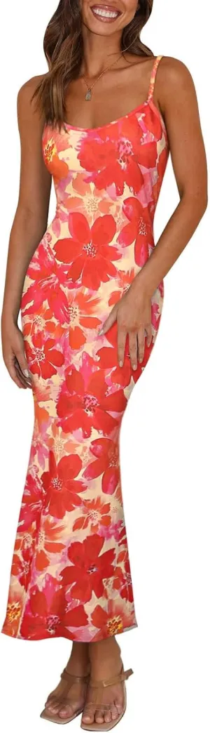 Angashion Womens Summer Dresses - Floral Spaghetti Strap Stretch Bodycon Maxi Dress Sexy Backless Slip Long Dresses