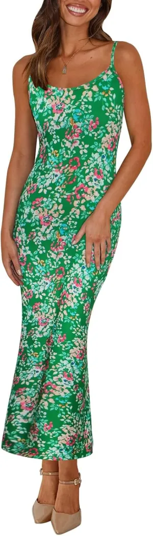 Angashion Womens Summer Dresses - Floral Spaghetti Strap Stretch Bodycon Maxi Dress Sexy Backless Slip Long Dresses