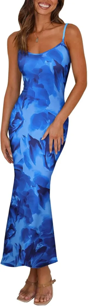 Angashion Womens Summer Dresses - Floral Spaghetti Strap Stretch Bodycon Maxi Dress Sexy Backless Slip Long Dresses