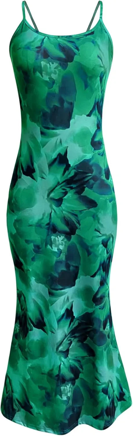 Angashion Womens Summer Dresses - Floral Spaghetti Strap Stretch Bodycon Maxi Dress Sexy Backless Slip Long Dresses