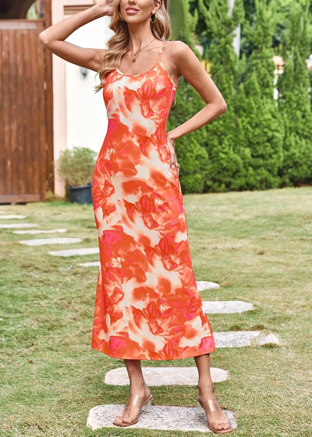 Angashion Womens Summer Dresses - Floral Spaghetti Strap Stretch Bodycon Maxi Dress Sexy Backless Slip Long Dresses