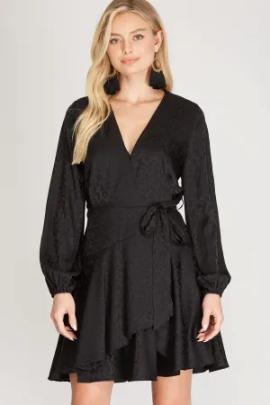 Animal Print Jacquard Satin Wrap Dress - Black ONLY 1 SMALL LEFT