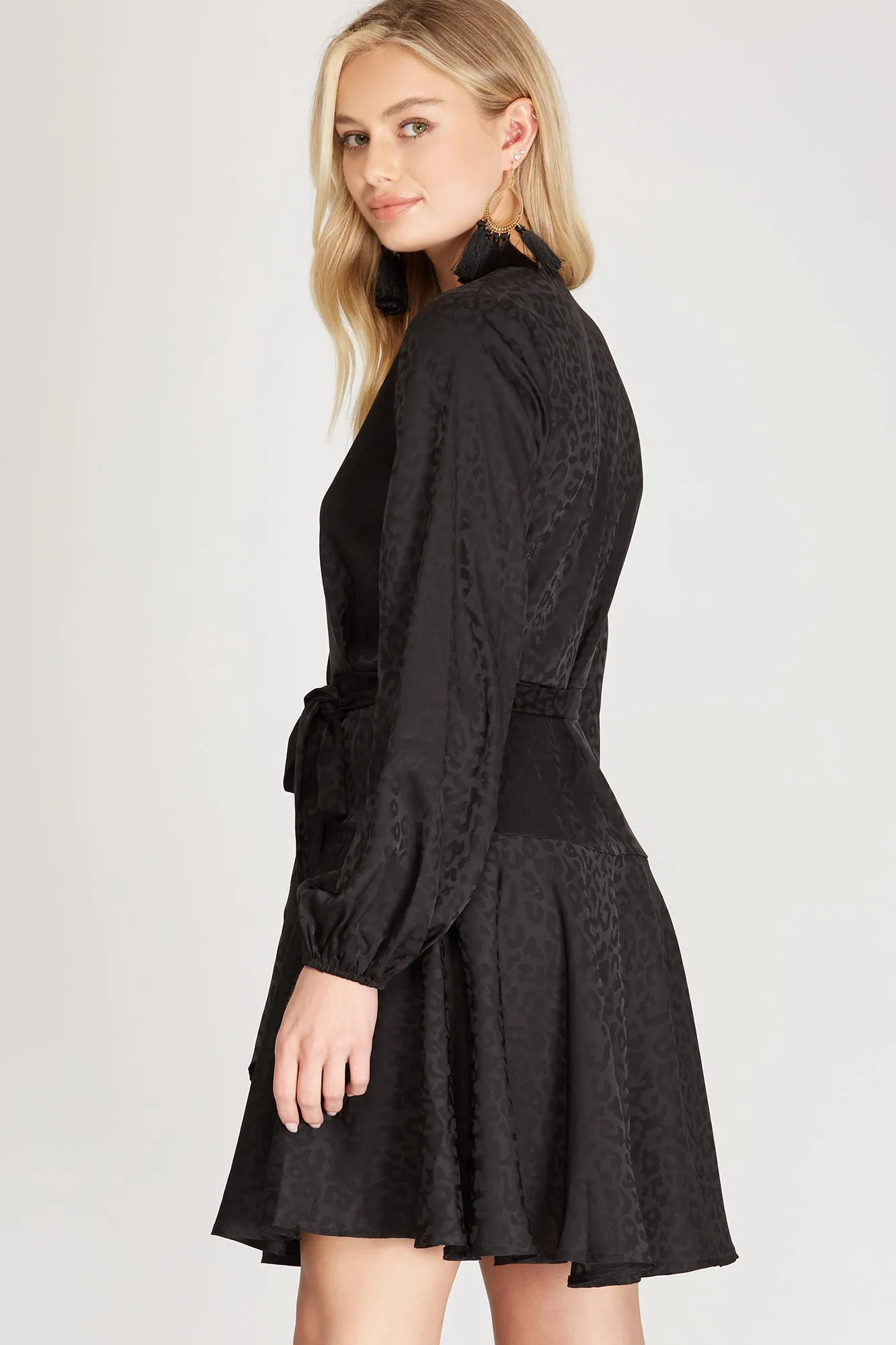 Animal Print Jacquard Satin Wrap Dress - Black ONLY 1 SMALL LEFT