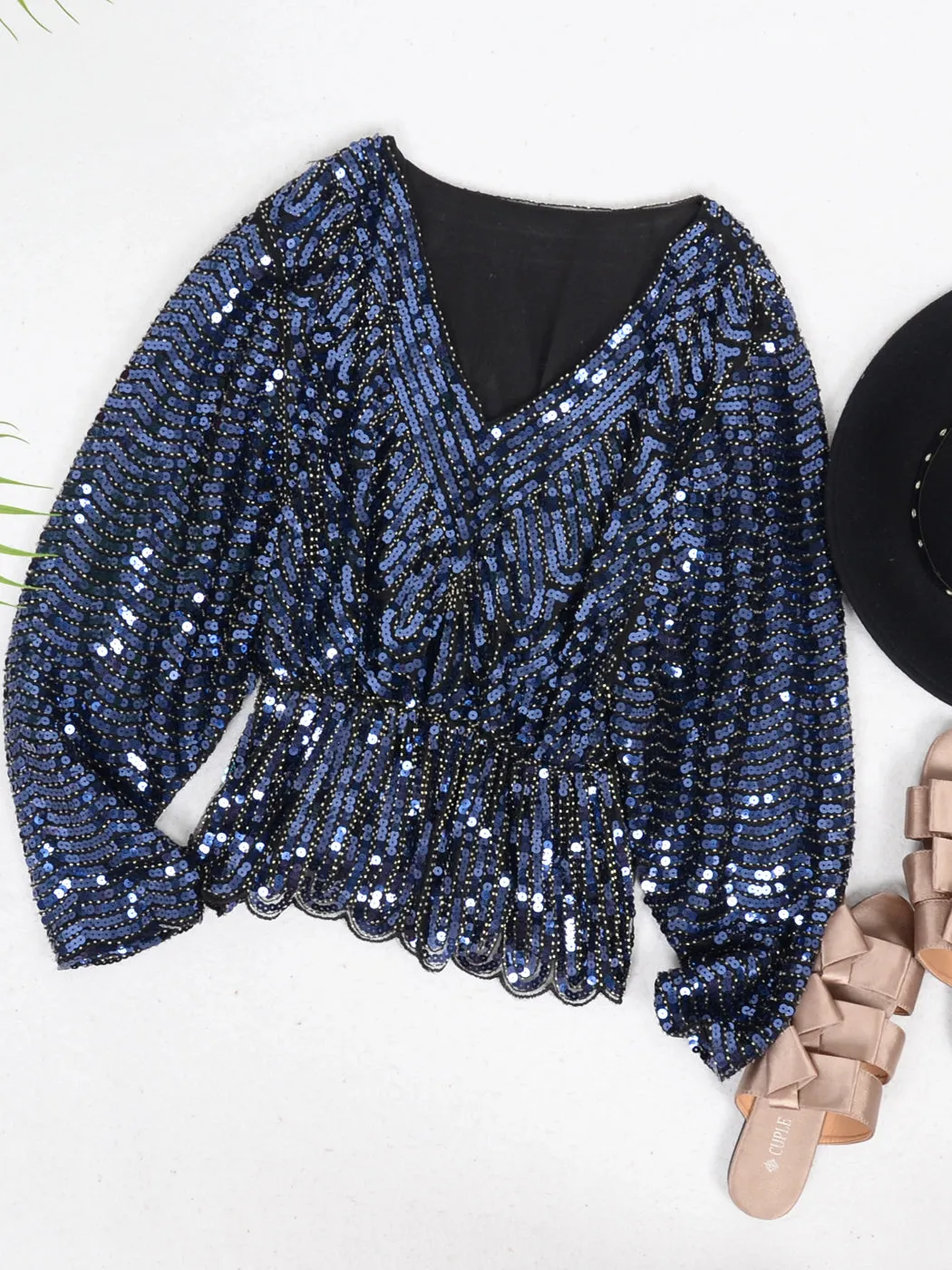 Anna-Kaci Womens 1920s Vintage Beaded Sparkly Sequin V Neck Long Sleeve Elastic Waist Batwing Party Tops