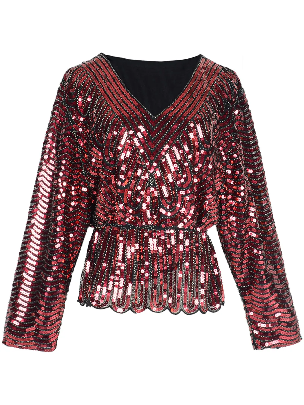 Anna-Kaci Womens 1920s Vintage Beaded Sparkly Sequin V Neck Long Sleeve Elastic Waist Batwing Party Tops